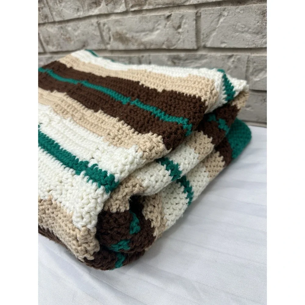 Handmade Afghan White Tan Green Brown Raised Diamond/Geometric Design Fringe 72